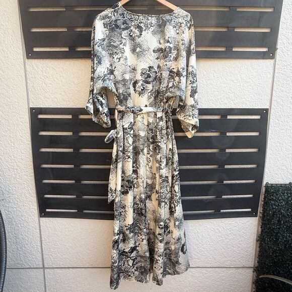 Bucketlist Toile Floral Wrap Midi Dress with Tie Waist in Black & Ivory | Large - Picture 2 of 8